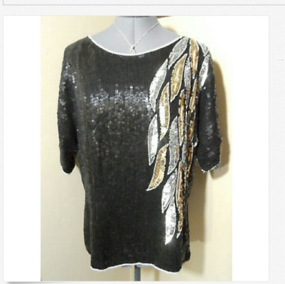 JOSEPH LE BON 100% Silk Sequin Top M Black Leaves Vintage - Picture 2 of 7